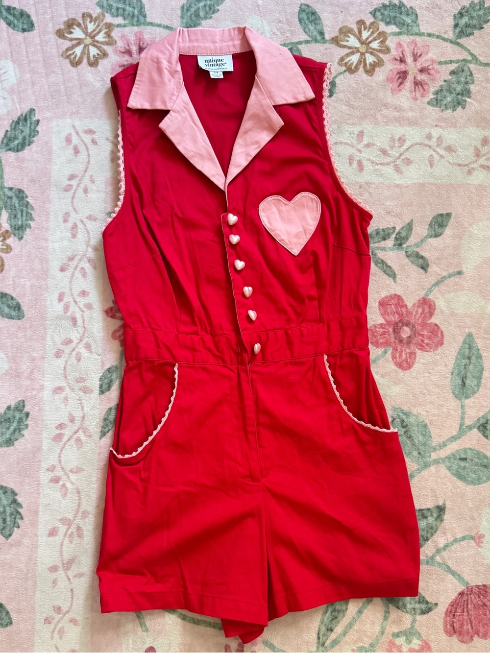 Pink & Red Heart Romper with Pink Collar and heart buttons - Unique Vintage